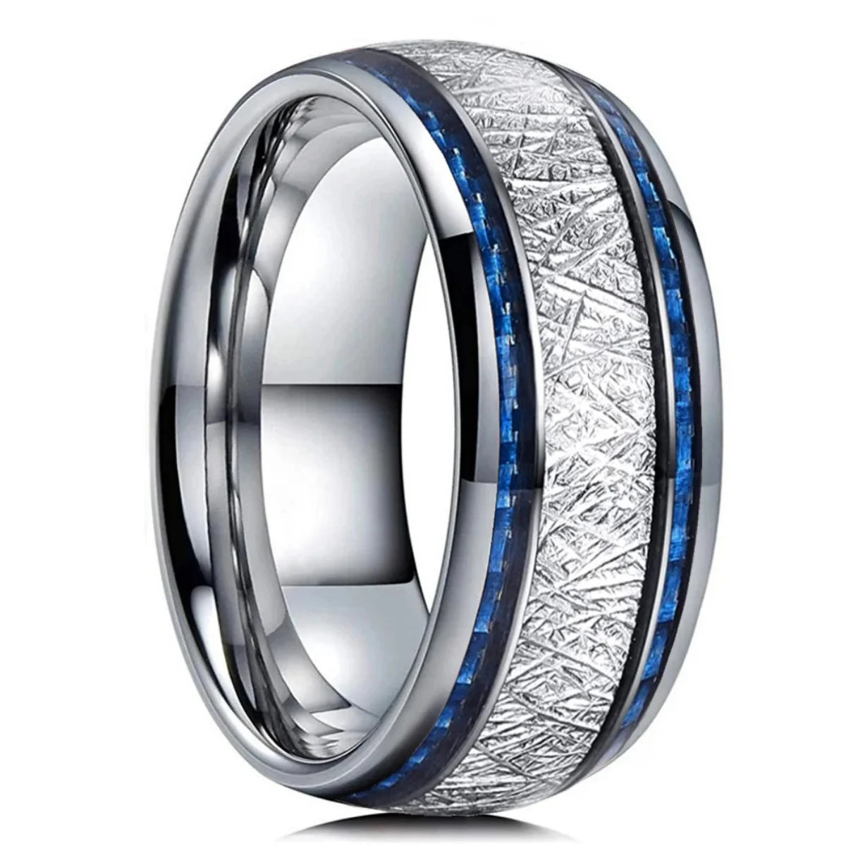 Fashion 8MM Men Stainless Steel Ring Vintage Meteorite And Blue Carbon Fiber Inlay Rings For Men Wedding Band Jewelry Wholesale