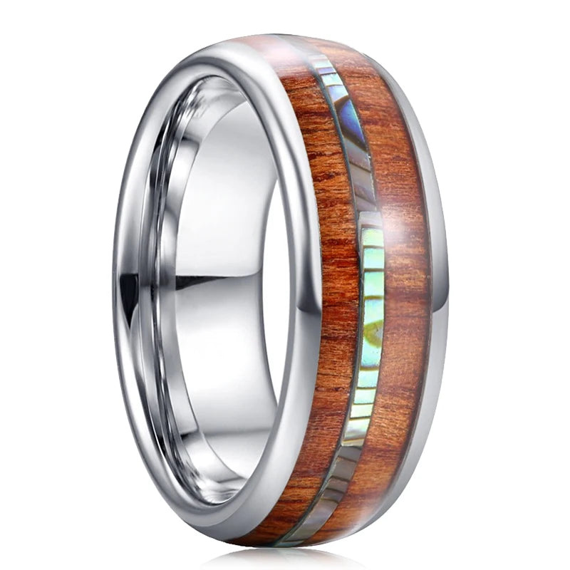 Fashion 8mm Men's Black Stainless Steel Ring Colorful Abalone Shell Inlay Beveled Edged Titanium Ring Men's Wedding Band