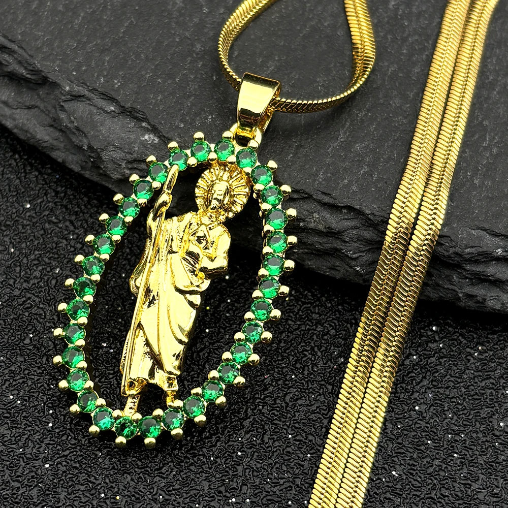 Saint St. Jude Thaddeus Zircon Shiny Necklace for Women Men Stainless Steel Gold Color San Judas Tadeo Necklaces Jewelry NGG43-4