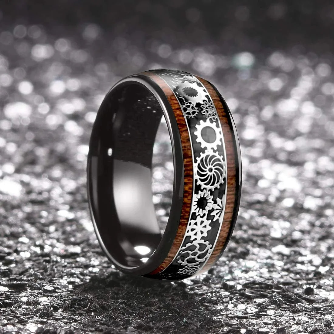Hiphop Steampunk Men Black Stainless Steel Gear Wheel Rings Koa Wood Inlay Black Carbon Fiber Rings for Men Rock Biker Jewelry