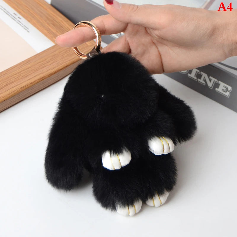 Rabbit Keychain Ring Fluffy Real Fur Pompon Bunny Trinket Key Chain Charm Cute Key Ring On Bag Car Key Pendant Black