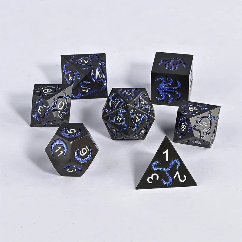 DND Polyhedron Dice Set Handmade dice set with dragon motifs for DND RPG Roleplaying games and TRPG games Black-Blue