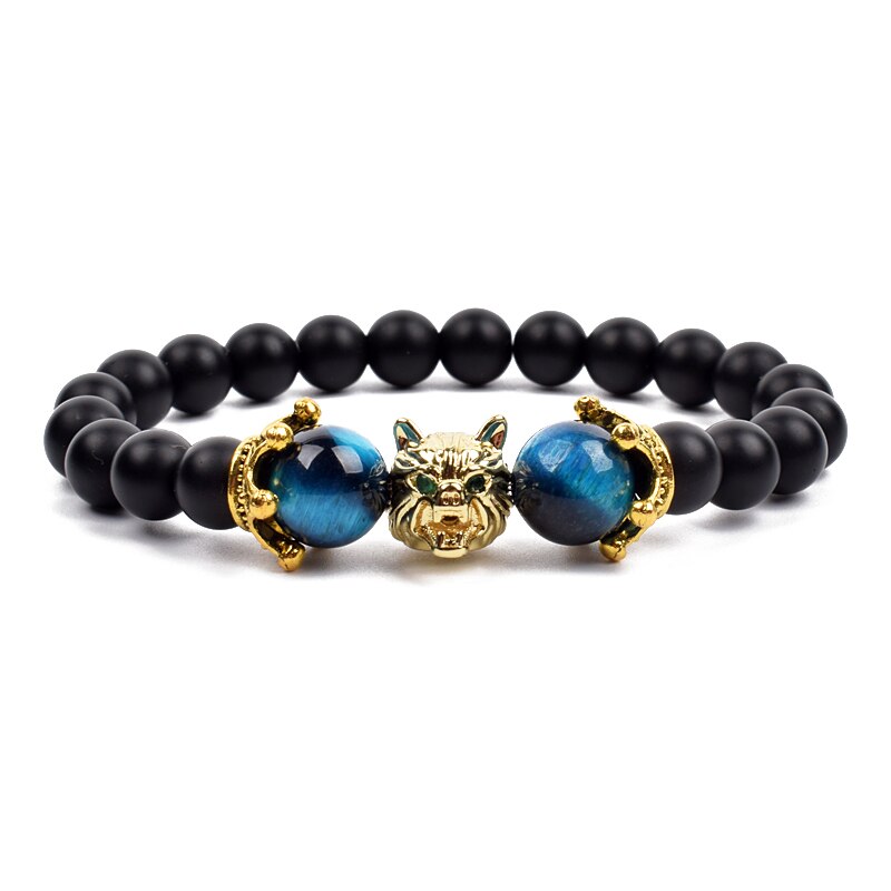 Wolf Charm Bracelets Men Natural Black Agates Onyx Stone Bracelet Brave Blue Tiger Eye Elastic 8 mm Beads Jewelry Beaded Pulsera Blue tiger eye 3