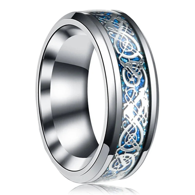 Fashion 8mm Men's Stainless Steel Celtic Dragon Ring Inlay Red Green Black Carbon Fiber Ring Wedding Band Charm Jewelry Gifts