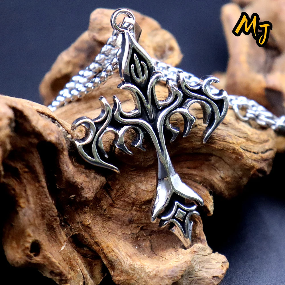 Vintage Men's Gothic Flame Cross Pendant Necklace Alloy Motorcycle Club Gothic  DragonEnwined Skull Cross Halloween Jewelry Gift