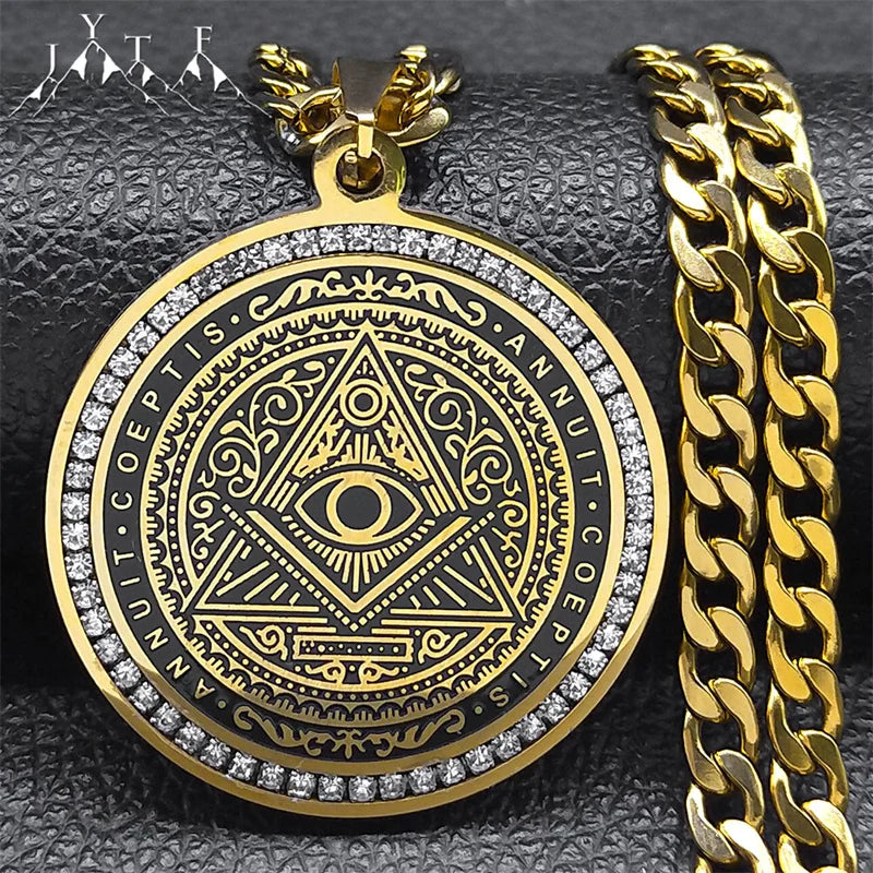 Eye of Providence Illuminati Pyramid Hip Hop Crystal Big Necklace Men's Chain Stainless Steel Gold Color Accessories man NZZZ488