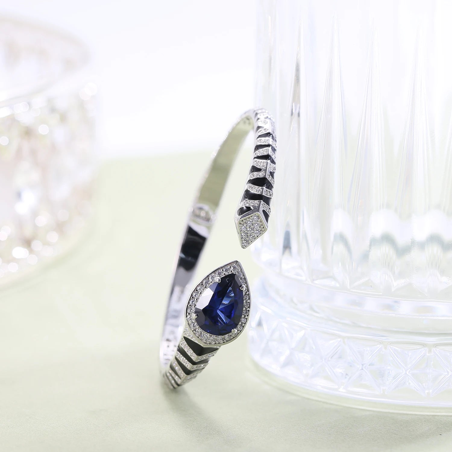 GEM'S BALLET Tiger Element Bracelets Pear Shape 10x14mm Lab Blue Sapphire Cuff Bracelets in 925 Sterling Silver Gift For Her