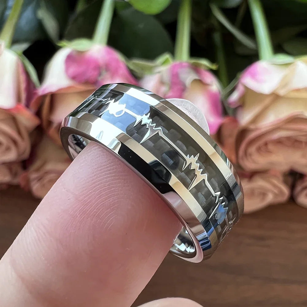 Fashion 8mm SilverBlue Carbon Fiber Heart Inlay Tungsten Carbide Engagement Rings Wedding Bands Domed Polished Shiny Comfort Fit
