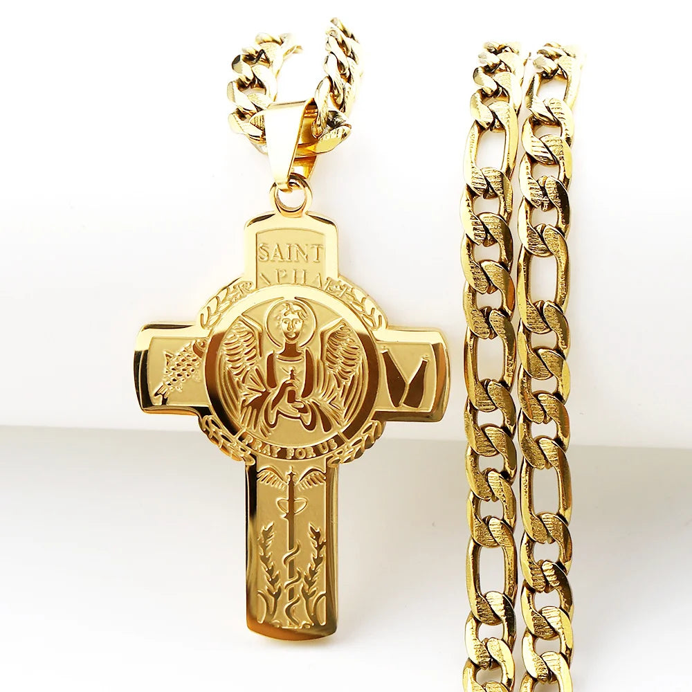 Christian Saint Raphael Pray for Us Cross Pendant Necklace for Women Men Stainless Steel Gold Color Hip Hop Cuban Chain Jewelry