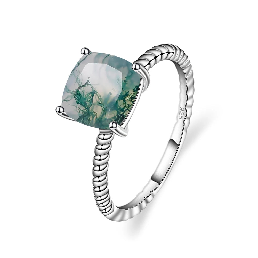 GEM'S BALLET 2.25Ct 8x8mm Cushion Moss Agate Gemstone Promise Engagement Rings 925 Sterling Silver Stripes Ring Gift For Her 925 Sterling Silver Moss Agate