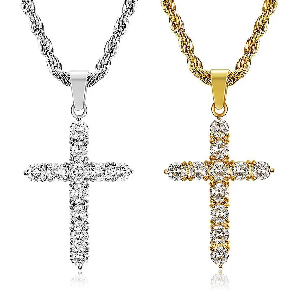 Fashion Jewelry Stainless Steel Cross Aglare Crystal Hip Hop Gold Charm Pendant Necklace Twist Chain