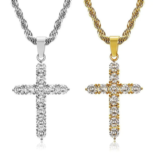Fashion Jewelry Stainless Steel Cross Aglare Crystal Hip Hop Gold Charm Pendant Necklace Twist Chain