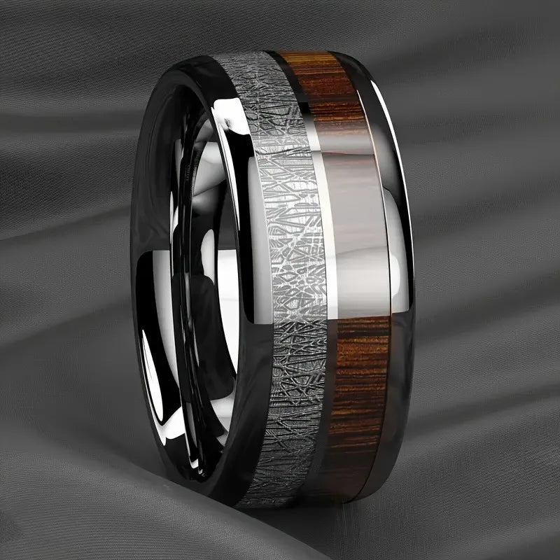 Fashion 8mm Silver Color Men Stainless Steel Rings, Pink Rose Abalone Shell Meteorite Inlay Rings for Men Women, Wedding Jewelry
