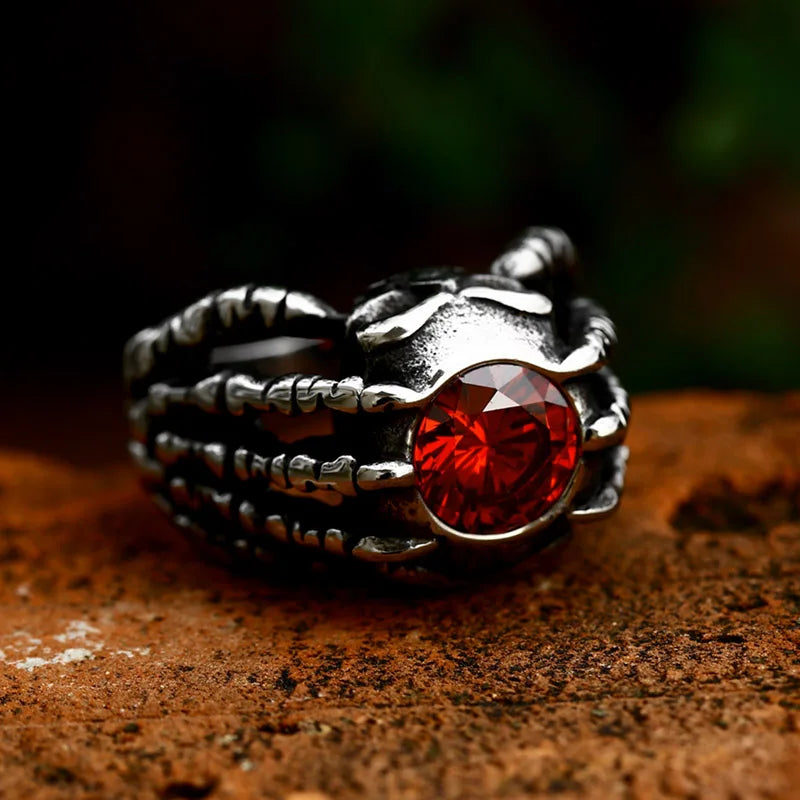 BEIER 2023 Updated 316L Stainless Steel  Skull Hand Bones Ring Paw Ring With Red Stone Punk Biker Jewelry Wholesale Gift