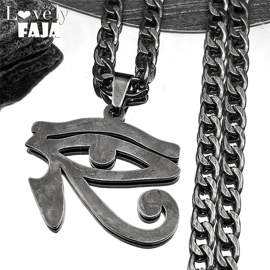 Eye of Ra Horus Egyptian Eyes Pendant Necklaces for Men Stainless Steel Amulet Symbol Hip Hop Gun Black Chain Necklace Jewelry