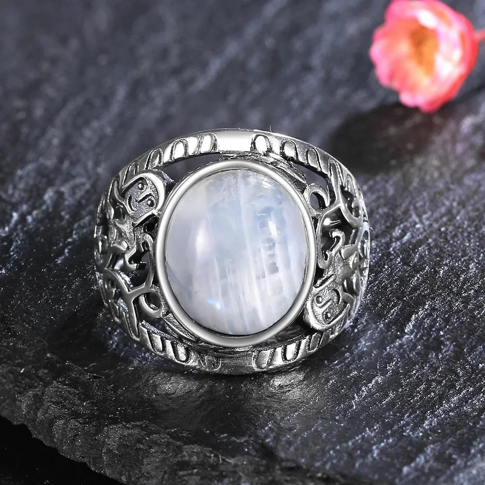 Round Oval Big Natural Moonstones Rings Women's 925 Sterling Silver Rings Gifts Vintage Fine Jewelry R354MS-5