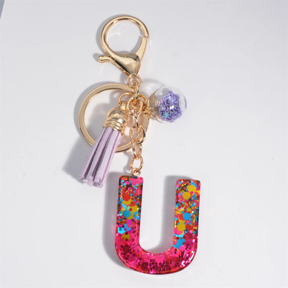 Colorful Letter Keychain Pendant Glitter Sequin Resin Key Chain Tassel Charms With Ball Keyring Jewelry For Women Bag Ornaments U