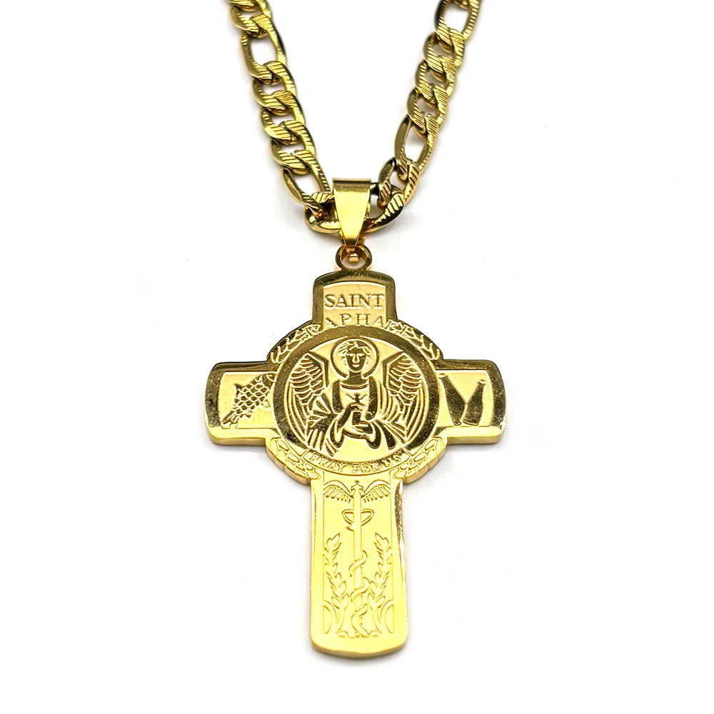 Christian Saint Raphael Pray for Us Cross Pendant Necklace for Women Men Stainless Steel Gold Color Hip Hop Cuban Chain Jewelry
