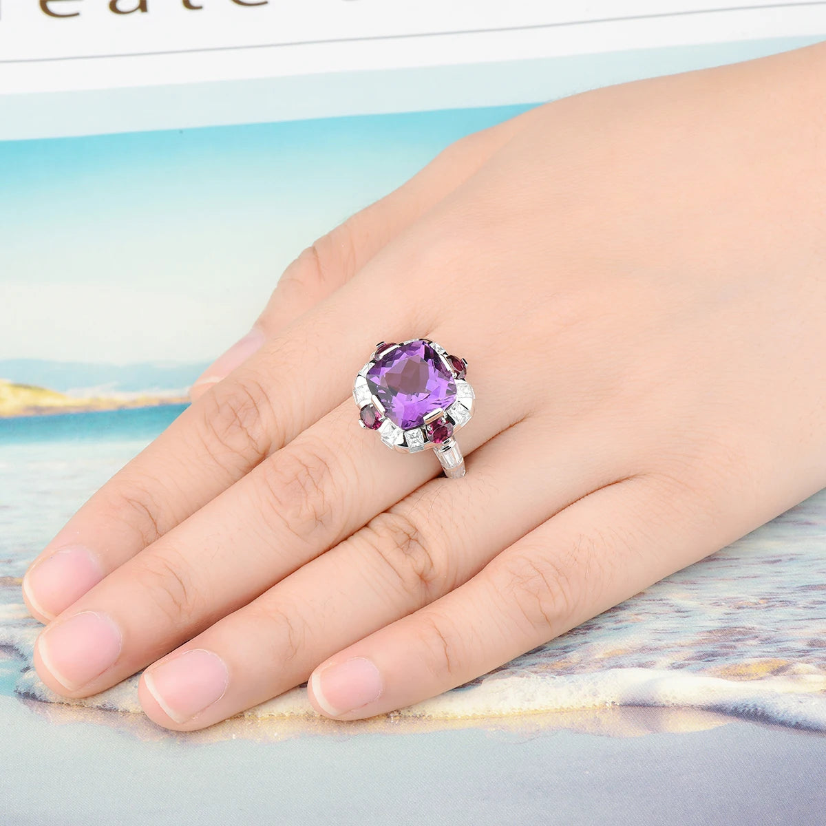 Natural Amethyst Rhodolite Garnet Solid Silver Rings 7.8 Carats Genuine Multicolor Fine Jewelry Engagement Anniversary Gifts