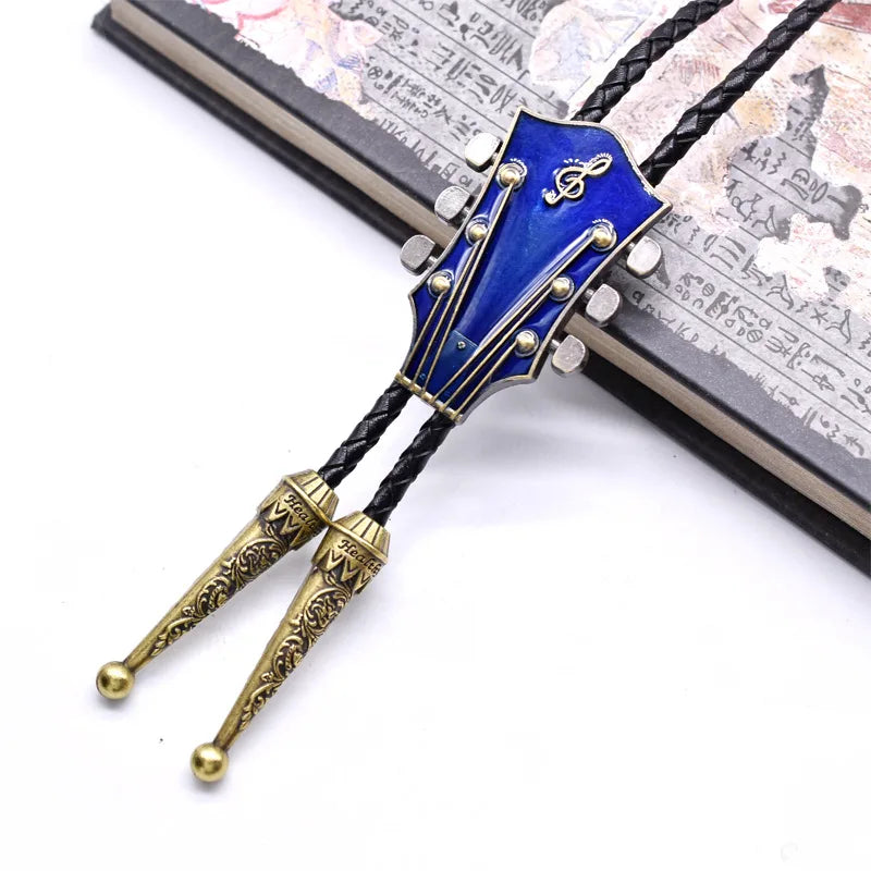 Popular guitar instrument genuine leather polo tie pendant necklace,adjustable,oil dripping technique,gift for music enthusiasts