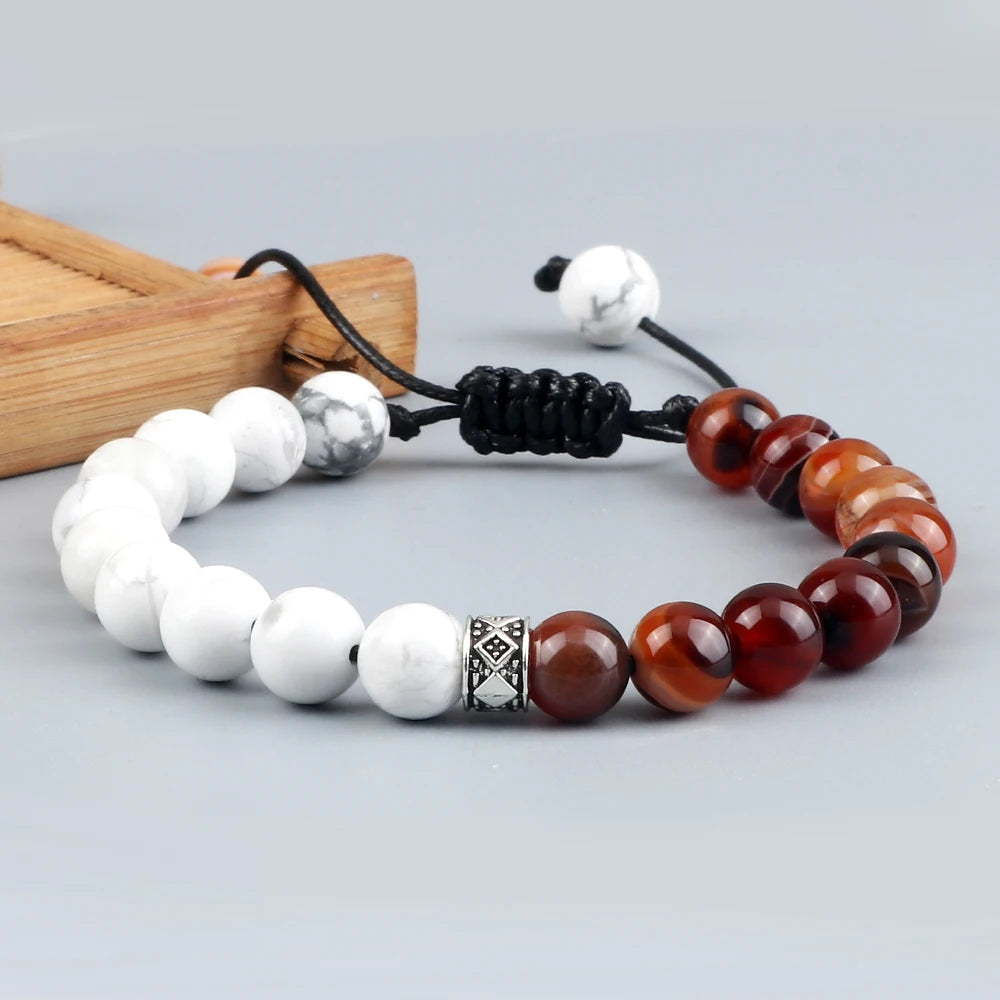 Fashion Black White Beaded Bracelets For Men 8mm Natural White Howlite Stone Beads Bracelet Women Meditation Prayer Jewelry Gift
