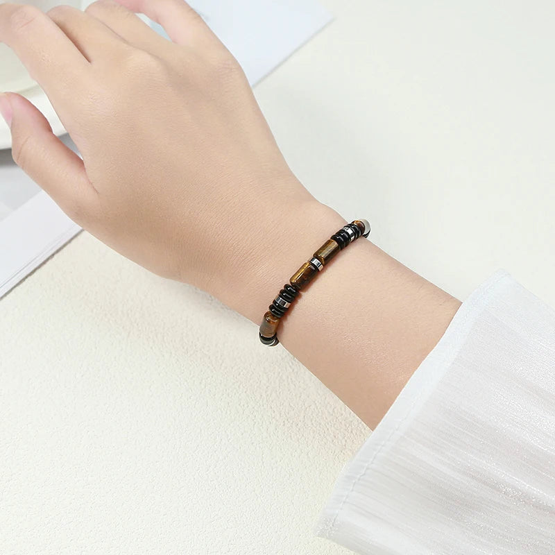 JD Natural Yellow Tiger Eye Stone Tube Shape Bracelets for Women Men Classic Stainless Steel Elastic Bangles Yoga Energy Gifts