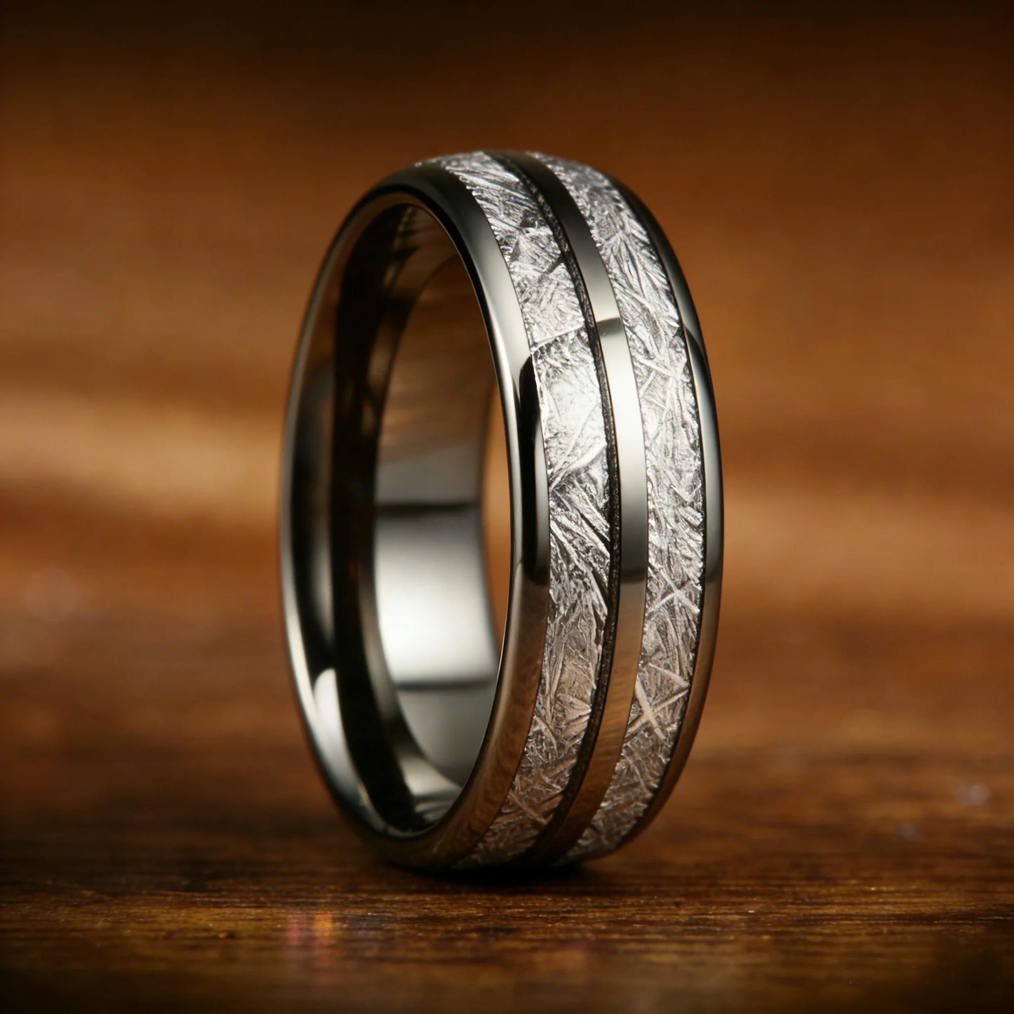 Fashion 8mm Black Color Stainless Steel Rings for Men Double Groove Meteorite Inlay Dome Men Finger Ring Wedding Band Jewelry
