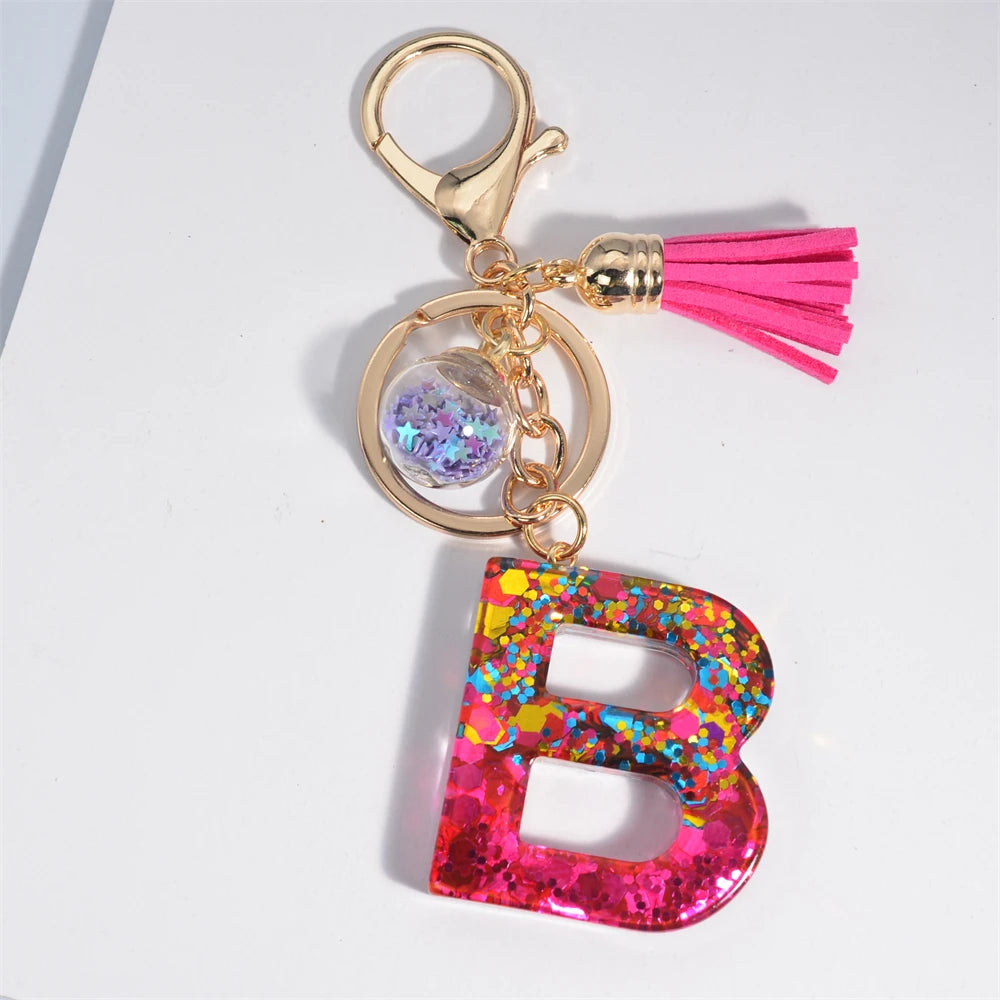 Colorful Letter Keychain Pendant Glitter Sequin Resin Key Chain Tassel Charms With Ball Keyring Jewelry For Women Bag Ornaments B