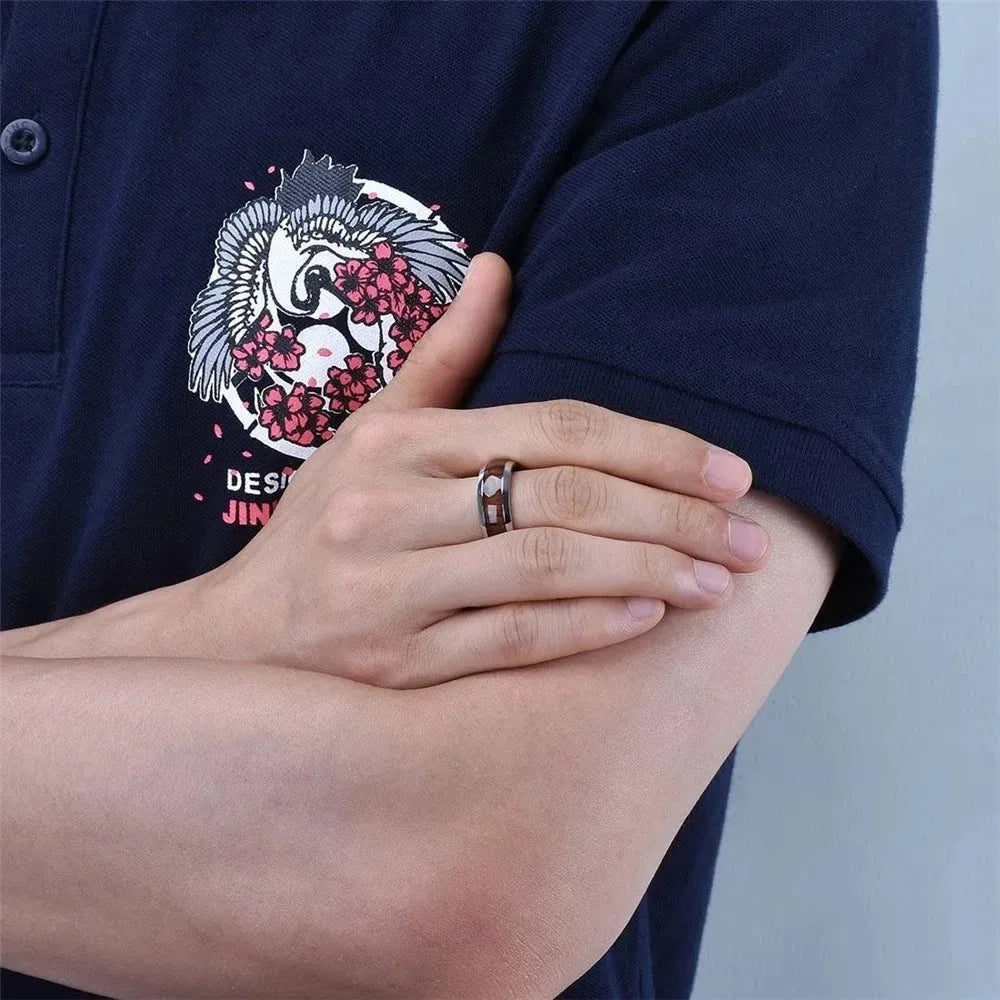 Fashion 8MM Silver Color Stainless Steel Rings For Men Women Domed Koa Wood Inlay Promise Rings Wedding Engagement Jewelry Gift