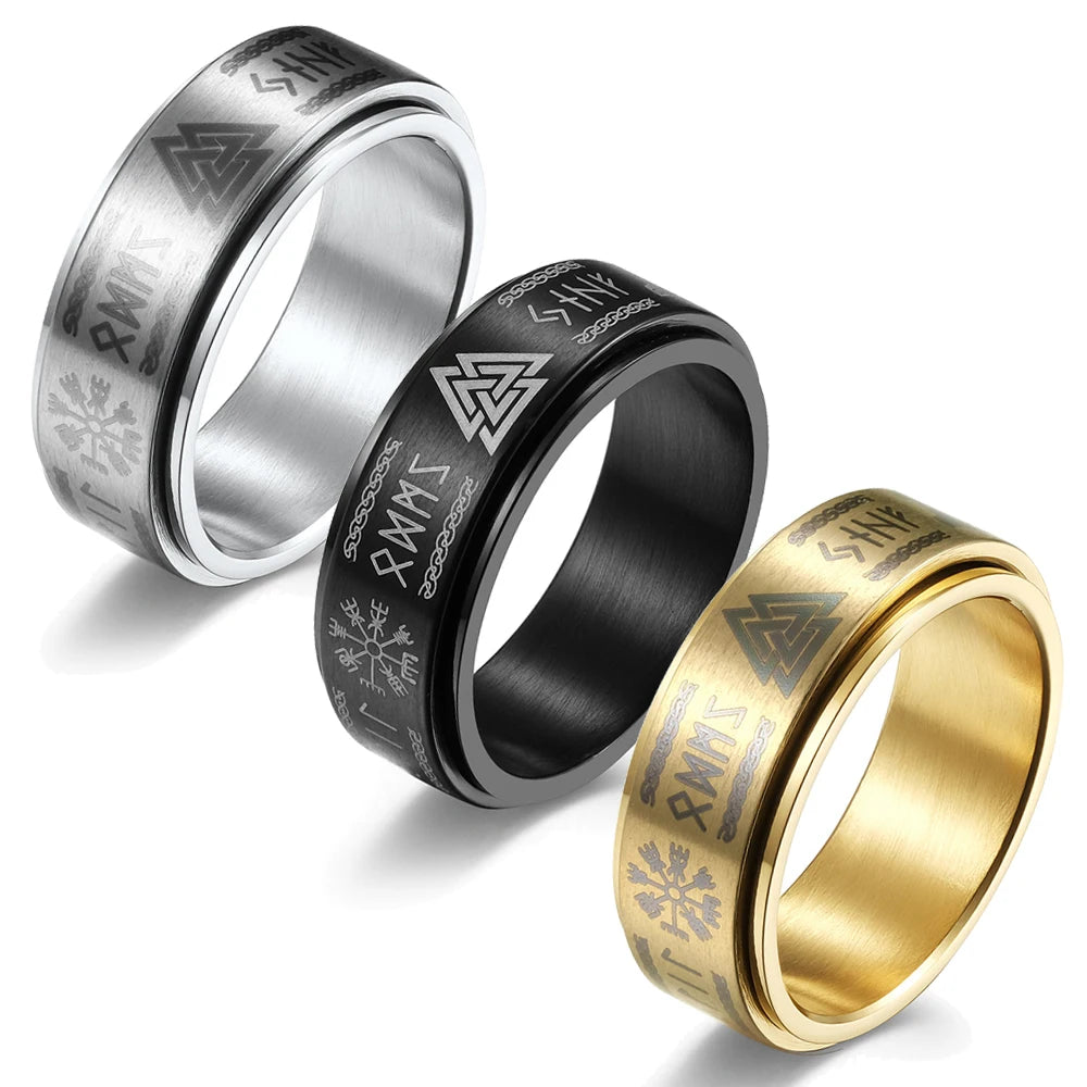 Fashion Stainless Steel Rotate Rotating Anxiety Fidget Rings For Men Vintage Odin Norse Viking Amulet Rune Ring Jewelry Gifts