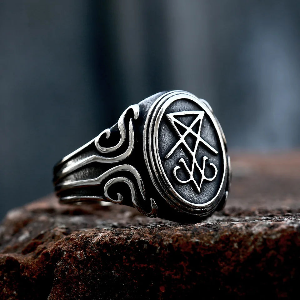 BEIER 2022 - Anillo con sello vintage de Lucifer y Satanás, diseño actualizado, estilo gótico, amuleto, brujería, wicca, joyería al por mayor