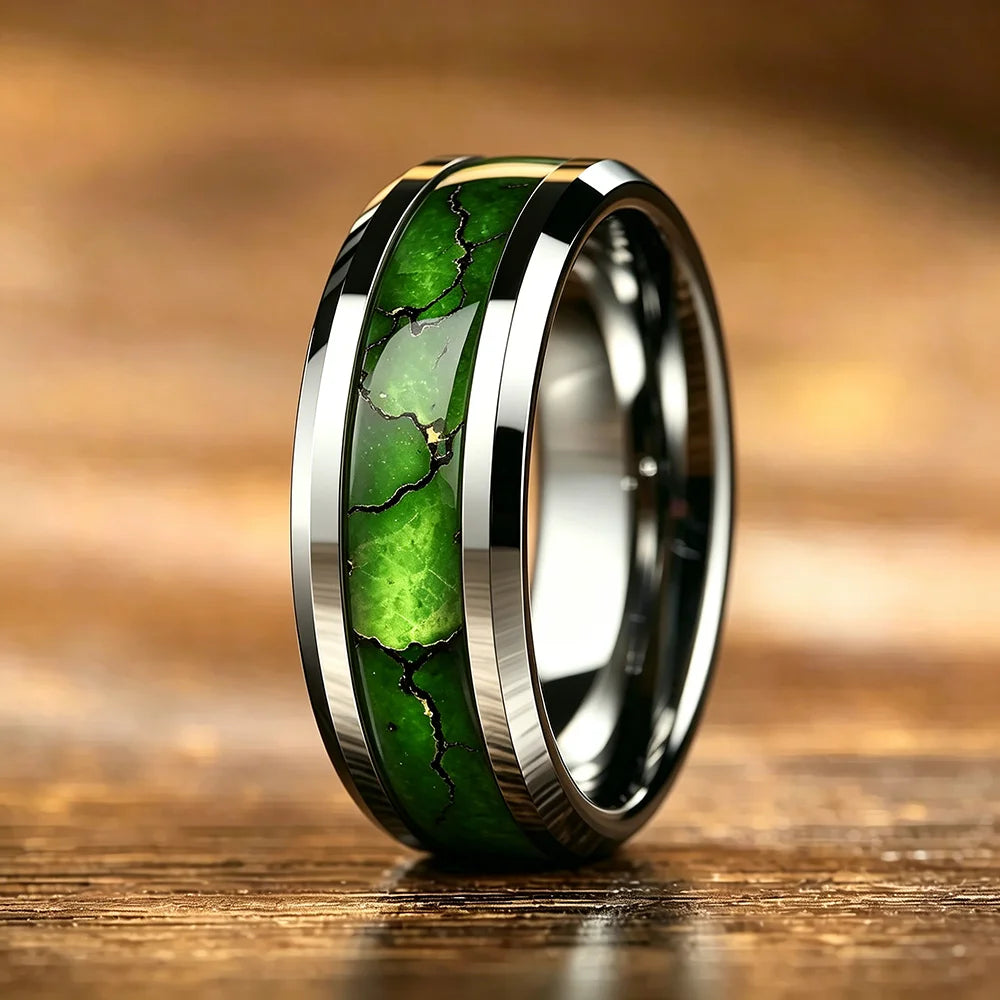 Fashion Men's Stainless Steel Rings Artificial Green Agate Stone Inlay Jewelry Suitable for Daily Wear, Gift for Him Non-Fade