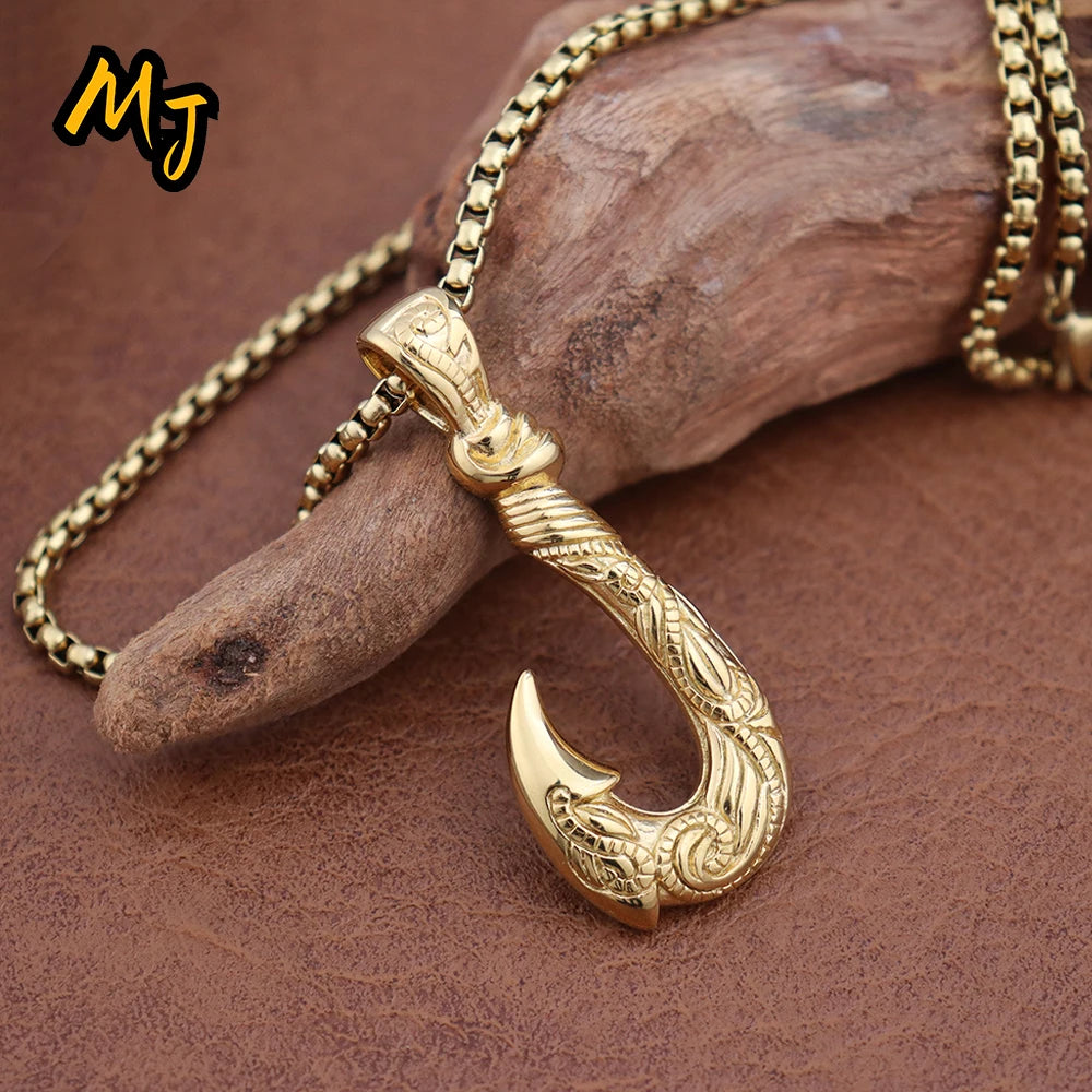 Classic Men's Fish Hook Pendant Stainless Steel Vintage Maui Magic Hook Necklace Fashion Punk Pirate Anchor Jewelry Accessories
