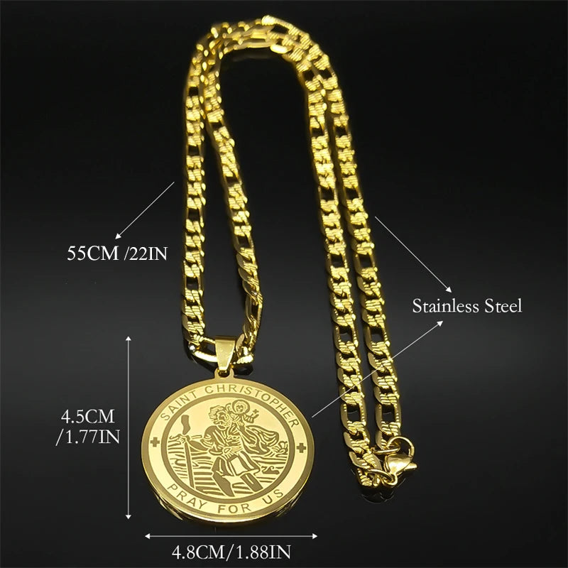 Jesus Saint Christopher Protect Us Pendant Necklace For Women Men Stainless Steel Gold Color Round Party Christian Jewelry