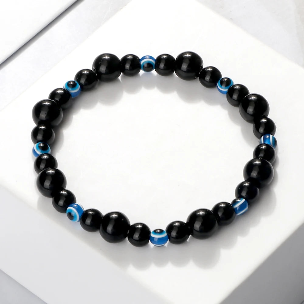 Blue Evil Eye Beaded Bracelets Natural Cat Eye Stone 6 8mm Opal Men Bangles Adjustable Women Bracelet Lucky Yoga Jewelry Gifts