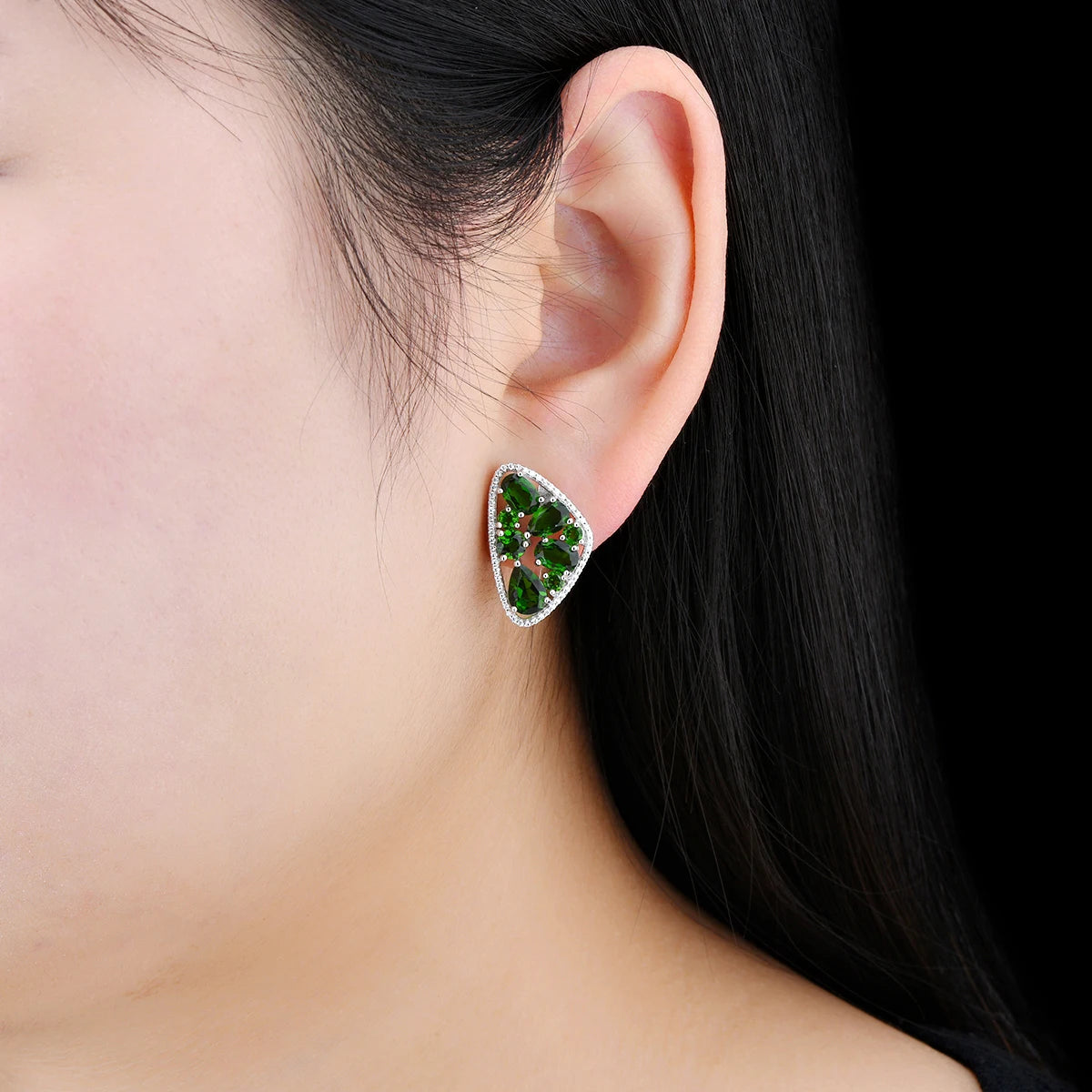 Natural Green Diopside Sterling Silver Clip Earring 6 Carats Deep Green Gemstone Unique Original Fine Jewelry Design Gifts