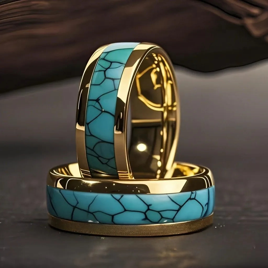 Fashion 8mm Men Gold Color Stainless Steel Rings Inlay Turquoise Rings For Men Women Wedding Engagement Band Jewelry Gift