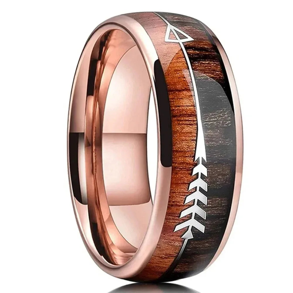 Fashion 8mm Men Stainless Steel Rings, Gold Color Brushed Green Koa Wood Inlay Rings for Men, Wedding Jewelry Christams Gift