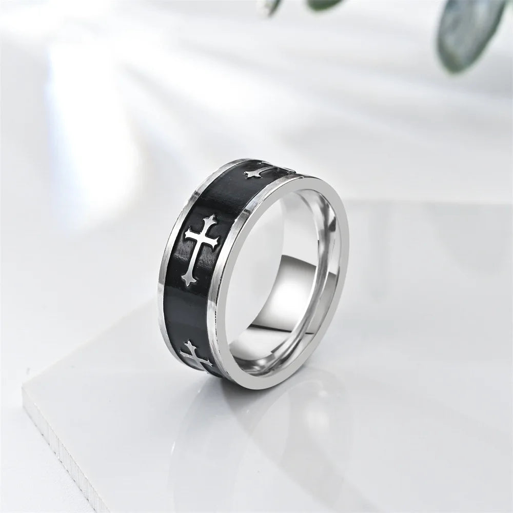 Metal Cross Ring For Men Women Black Silver Color Stainless Steel Ring Punk Gothic Simple Accessories Christian Jewelry Gift
