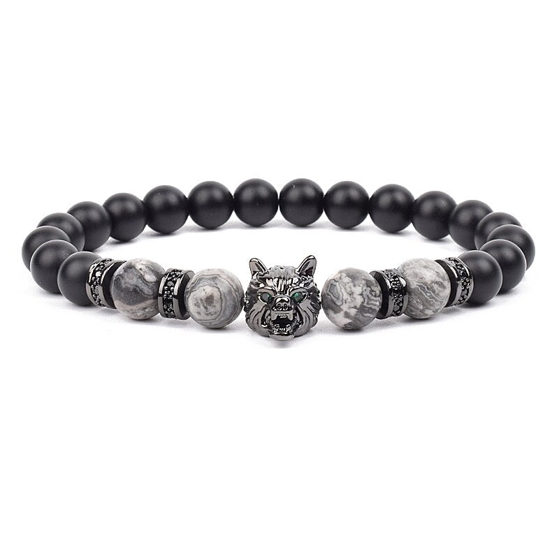 Wolf Charm Bracelets Men Natural Black Agates Onyx Stone Bracelet Brave Blue Tiger Eye Elastic 8 mm Beads Jewelry Beaded Pulsera Map Jasper