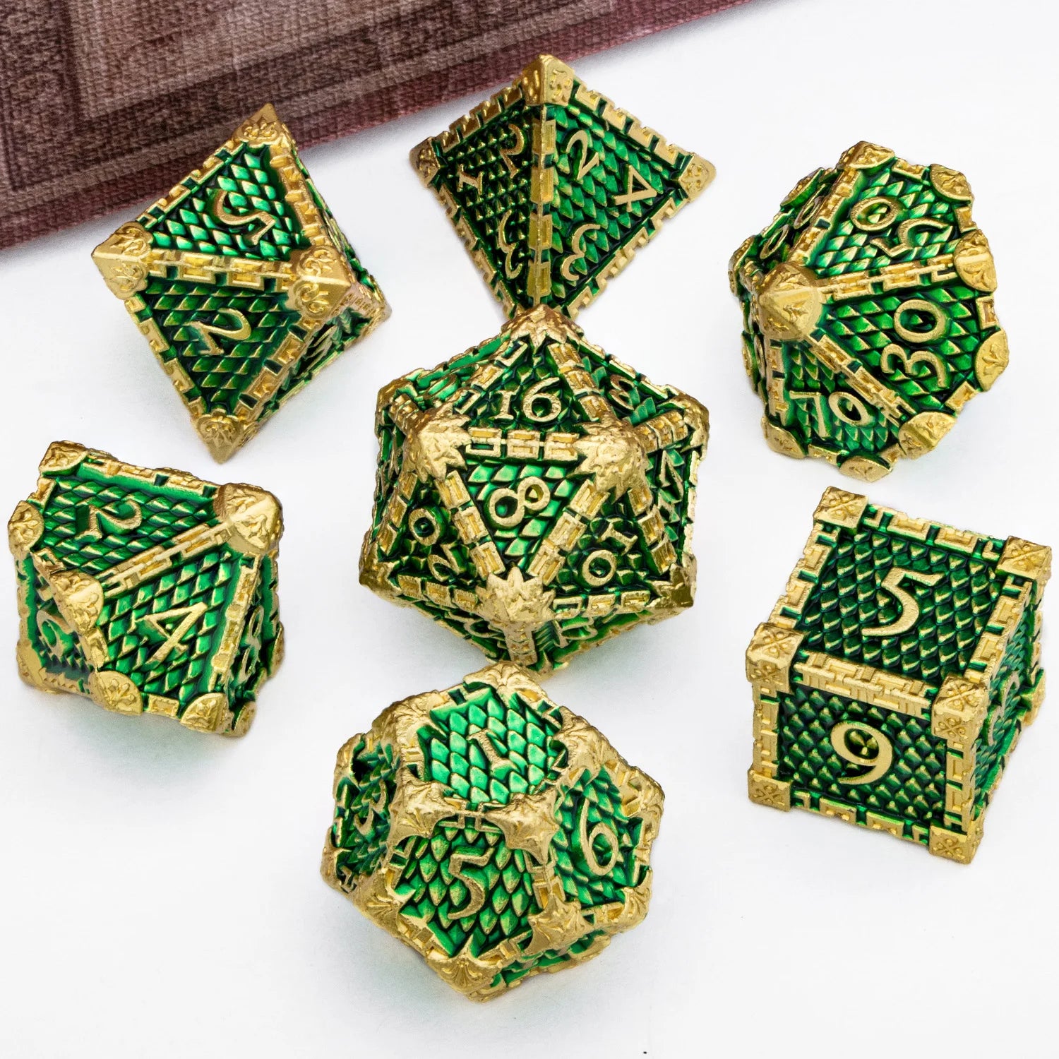 DND Metal Dice Set Dragon Scale Blood D&D Dice Dungeon and Dragon Role Playing Games Polyhedral Dice RPG D and D Dice Golden Green