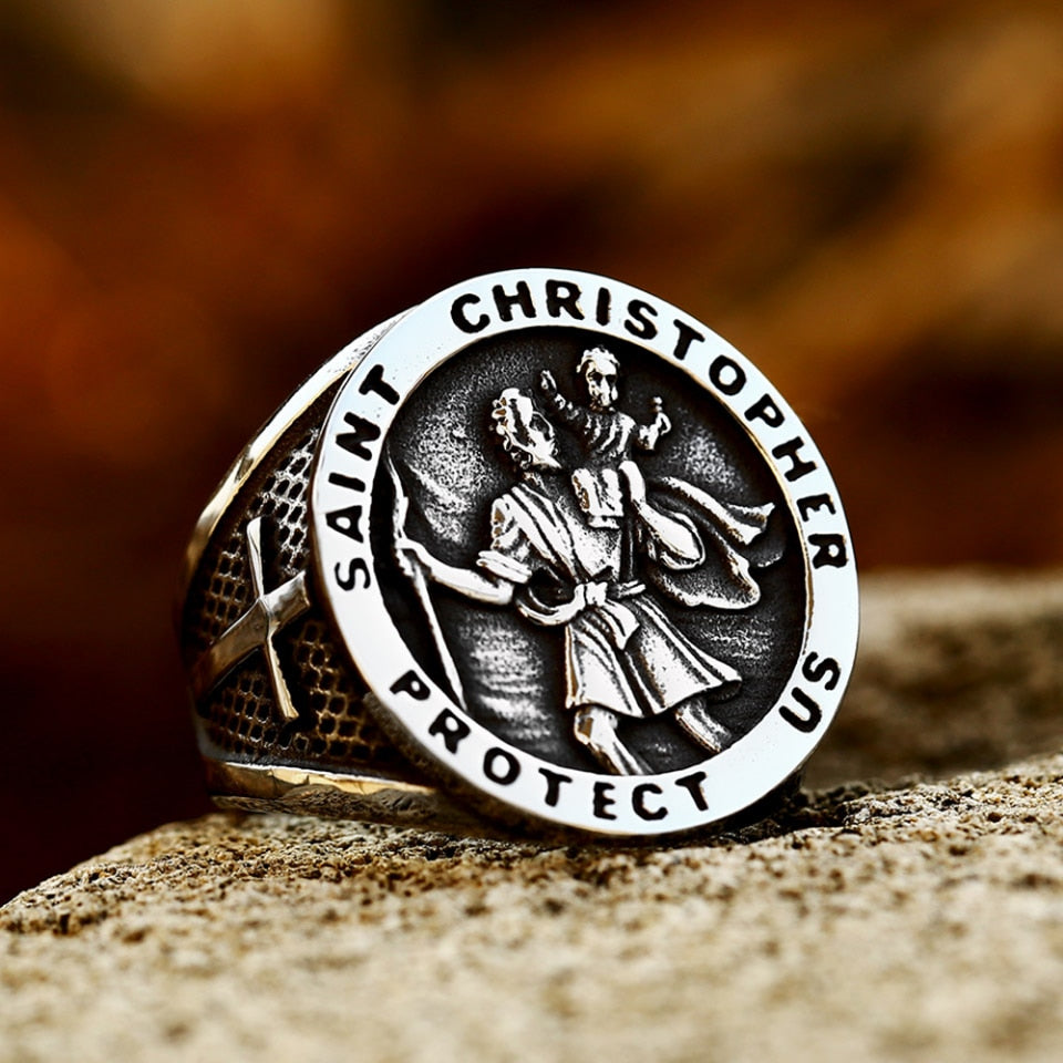 New Vintage St Christopher Cross Fingers Ring For Men 316L Stainless Steel Punk Biker Fashion Renaissance Jewelry Gift