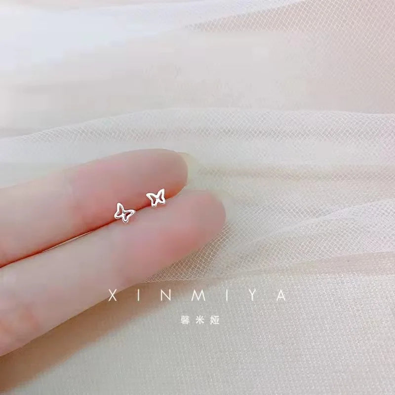 Tiny Minimalist Silver Plated Korean Mini Small Heart Stars Stud Earrings for Women Student Teen Simple Ear Piercing Jewelry