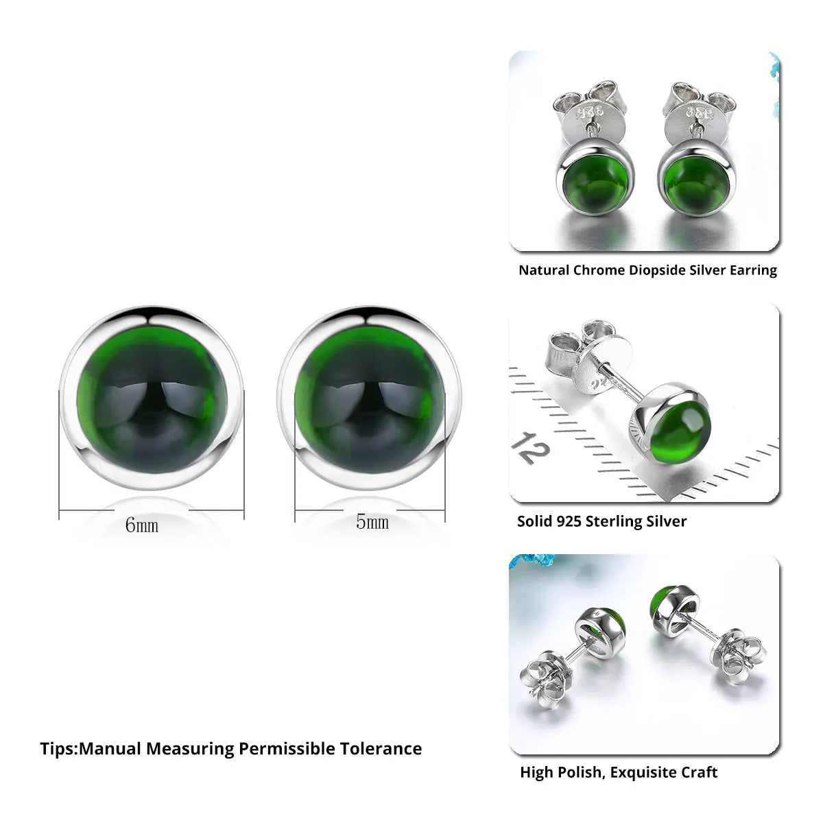 Natural Chrome Diopside Sterling Silver Stud Earring 1.3 Carats Cabochon Cut Genuine Gemstone Simple Classic Jewelry Women Gifts