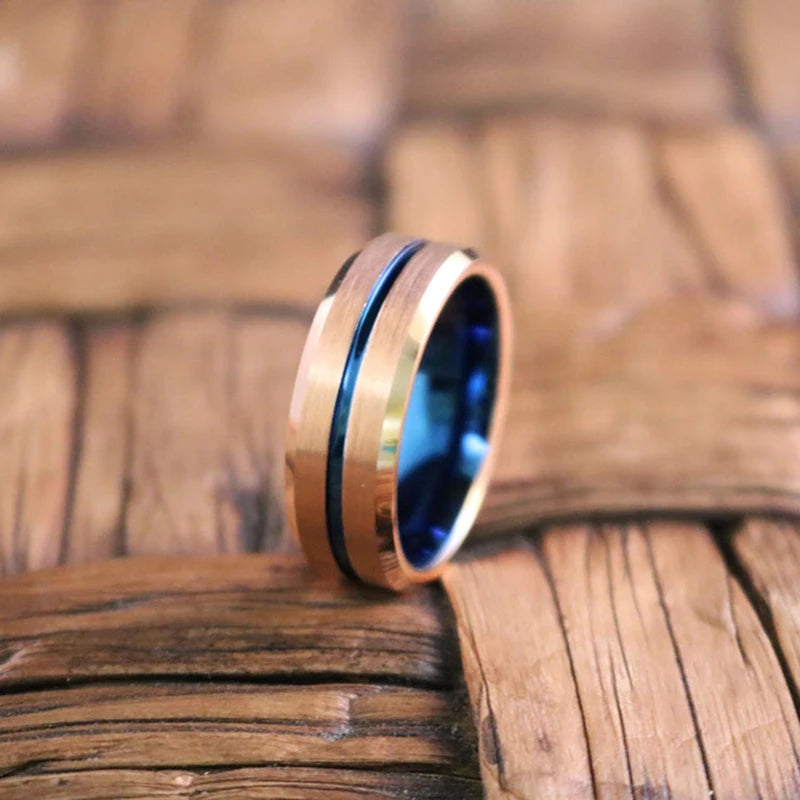 Trendy 8mm Rose Gold Color Groove Beveled Edge Titanium Men Wedding Rings Black Brushed Stainless steel Ring Men's Wedding Band