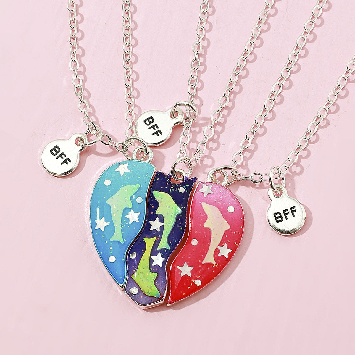 New 3 pack Bff Heart Pendant Necklace Colourful Broken Heart Pendant Chains Necklace For Women Girls Gift