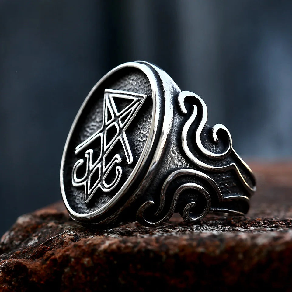 BEIER 2022 - Anillo con sello vintage de Lucifer y Satanás, diseño actualizado, estilo gótico, amuleto, brujería, wicca, joyería al por mayor