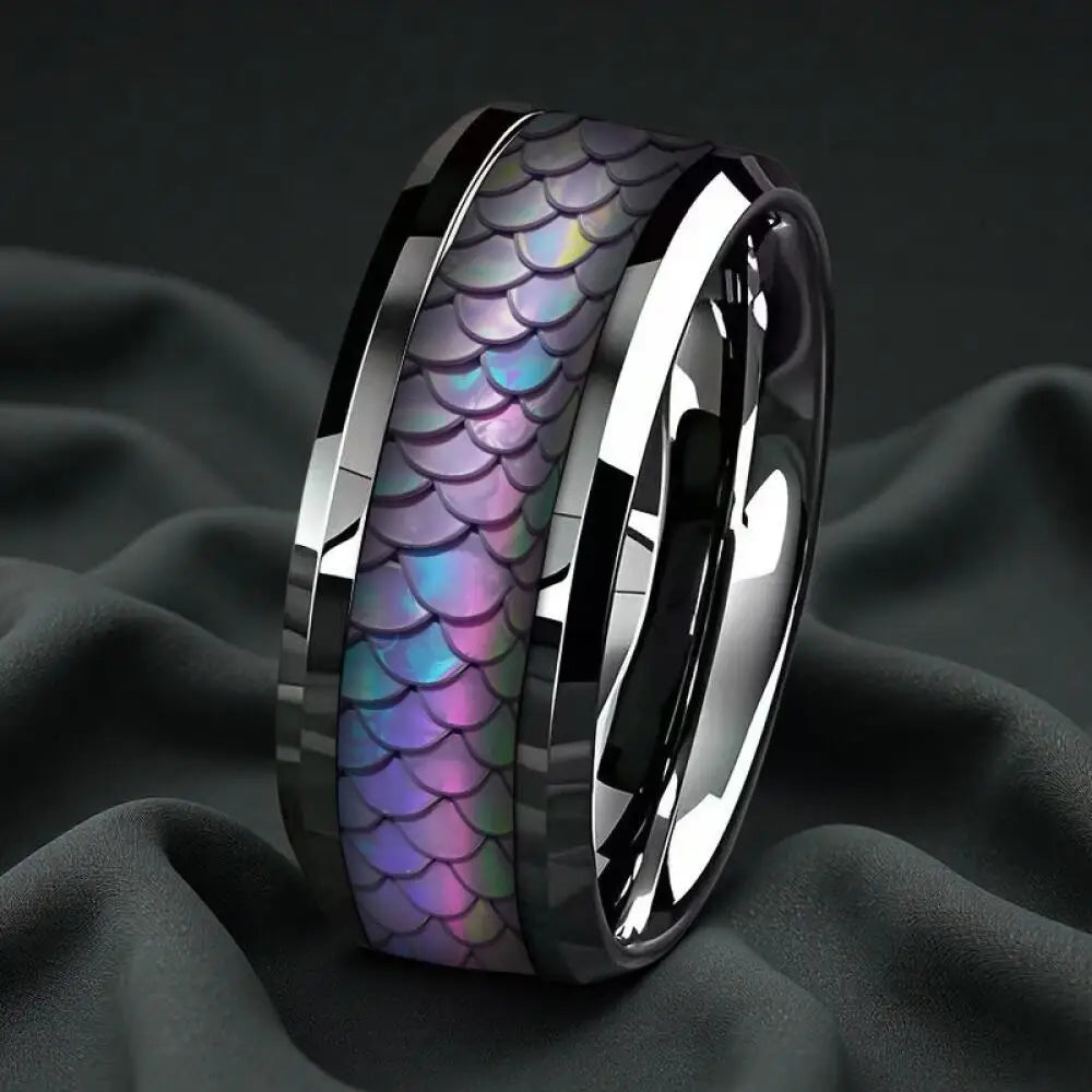 Fashion Men's Stainless Steel Rings Punk Colorful Dragon Scale Pattern Inlay Ring Daily Wear Jewelry, Gift for Him Non-Fade