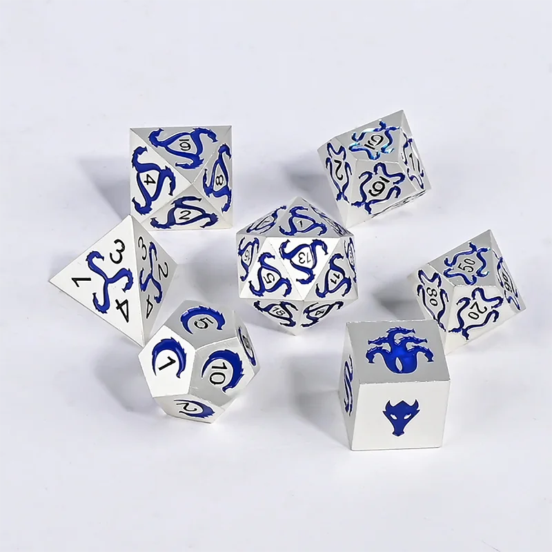 DND Polyhedron Dice Set Handmade dice set with dragon motifs for DND RPG Roleplaying games and TRPG games White-Blue