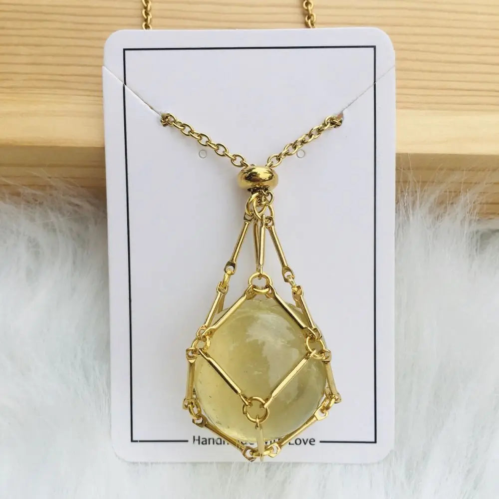 Crystal Holder Cage Necklace with Crystal Stone Interchangeable Adjustable Crystal Net Metal Necklace for Women Gold Citrine